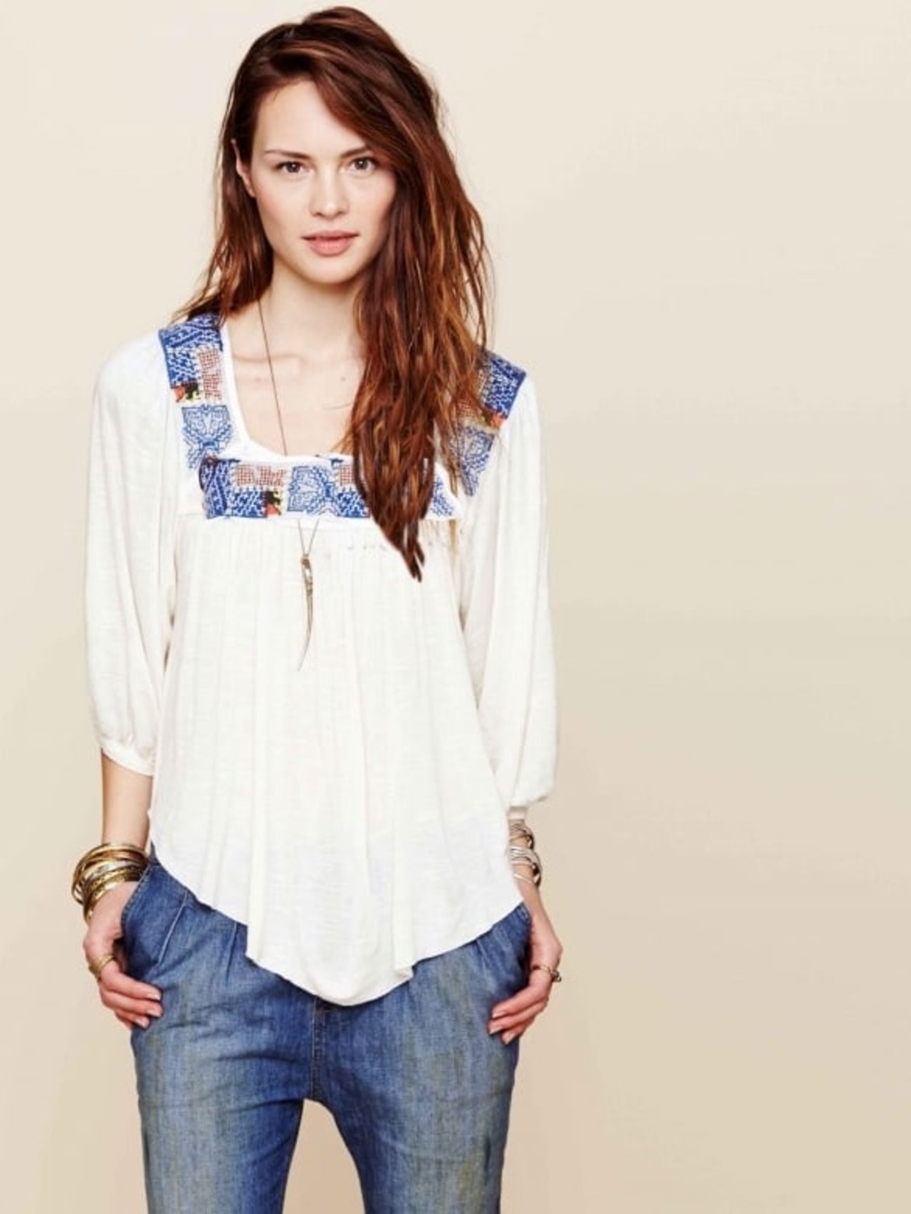 Free People Embroidered Boho Tunic Dress White Lace High‑Low Hem Made in India M